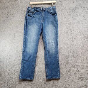Women's Blue Denim Cotton Stretch Straight High Waist Zipper Pants